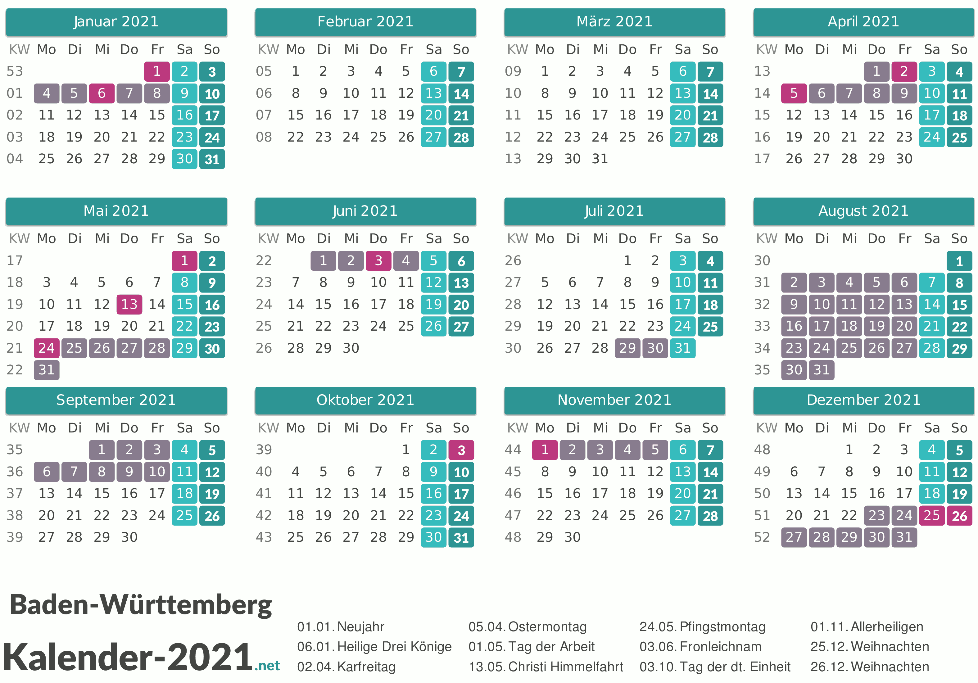 KALENDER 2021 ZUM AUSDRUCKEN - Kostenlos!