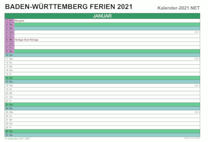 Monatskalender 2021 zum Ausdrucken zum Ausdrucken - mit FerienBaden-Württemberg Vorschau