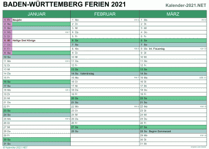 Vorschau EXCEL-Quartalskalender 2021 mit den Ferien Baden-Württemberg
