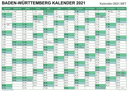 Vorschau Kalender 2021 für EXCEL mit Feiertagen Baden-Württemberg