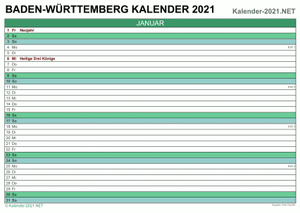 Vorschau Monatskalender 2021 für EXCEL Baden-Württemberg