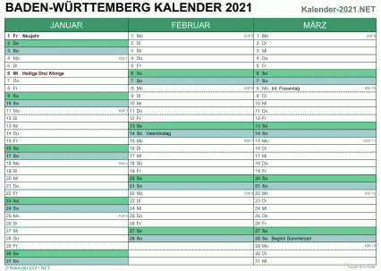 Vorschau Quartalskalender 2021 für EXCEL Baden-Württemberg