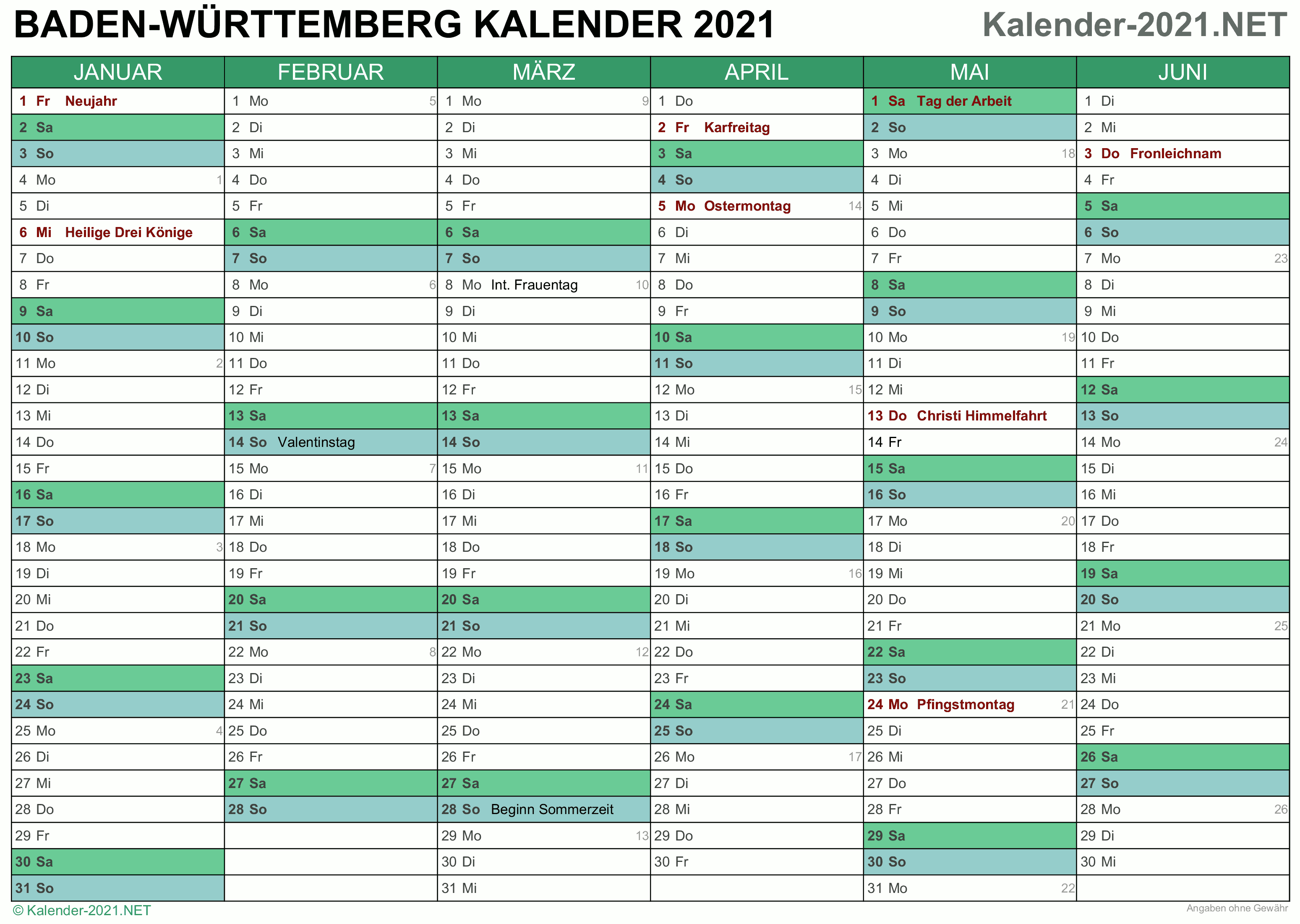 Kalender 2021 Baden-Württemberg