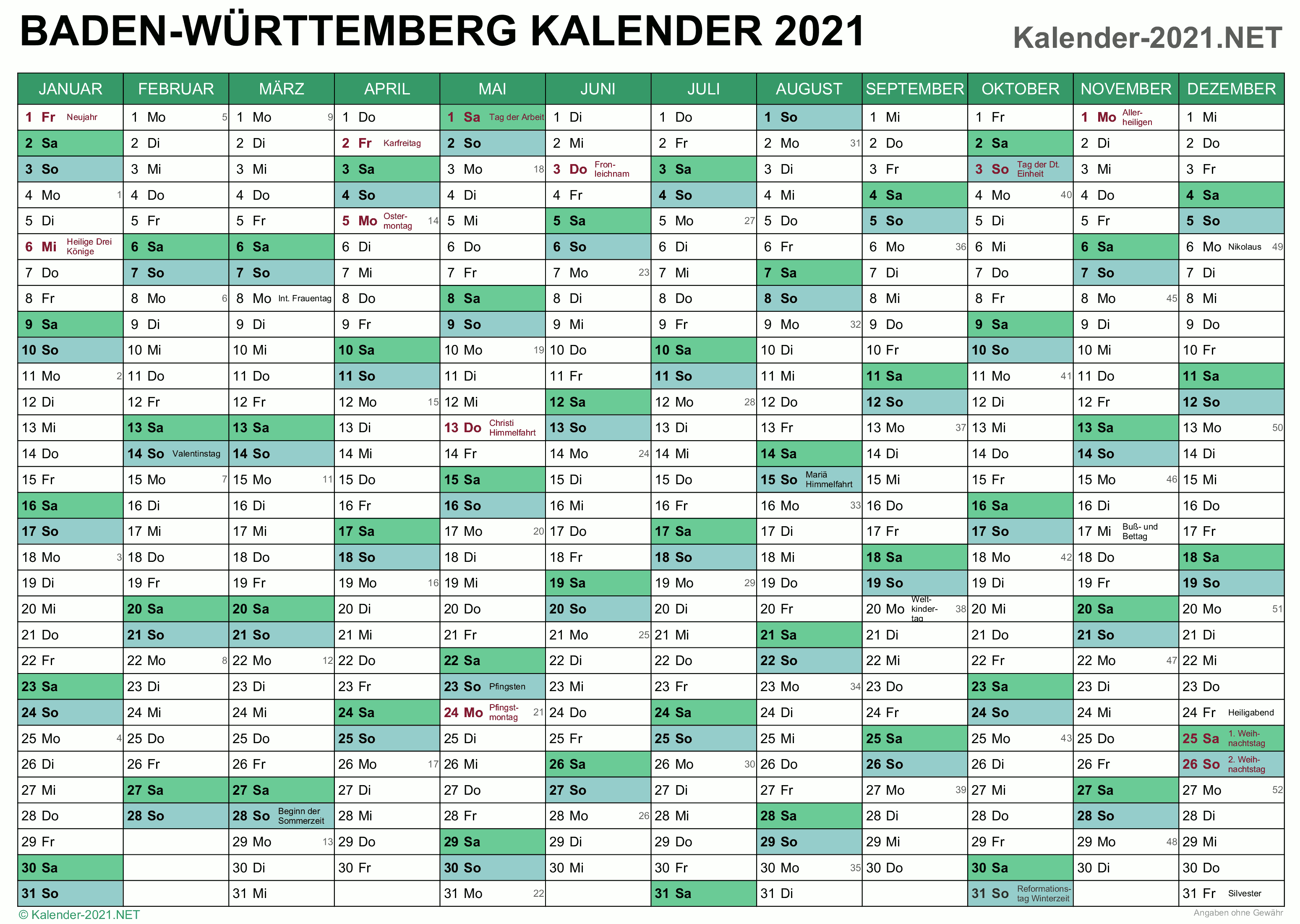 Kalender 2021 Baden Wurttemberg