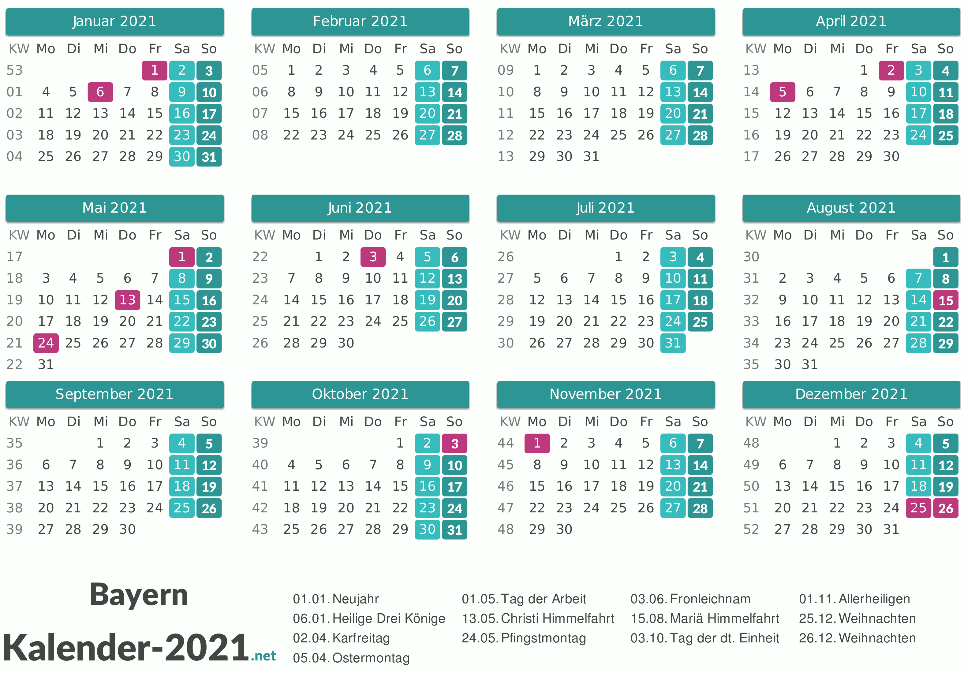 Kalender 2021 Bayern