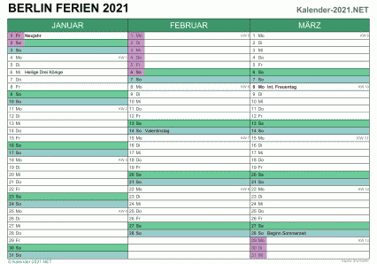 Quartalskalender 2021 zum Ausdrucken zum Ausdrucken - mit FerienBerlin Vorschau