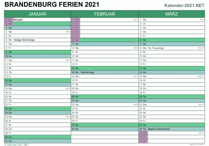 Vorschau EXCEL-Quartalskalender 2021 mit den Ferien Brandenburg