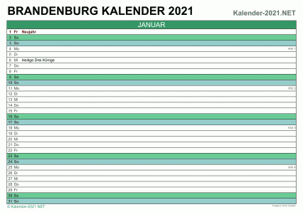 Vorschau Monatskalender 2021 für EXCEL Brandenburg