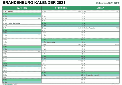 Vorschau Quartalskalender 2021 für EXCEL Brandenburg