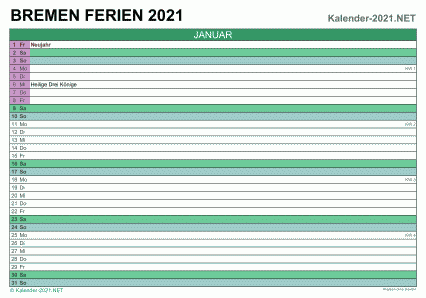 Vorschau EXCEL-Monatskalender 2021 mit den Ferien Bremen