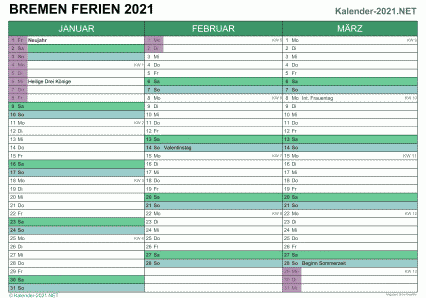 Vorschau EXCEL-Quartalskalender 2021 mit den Ferien Bremen