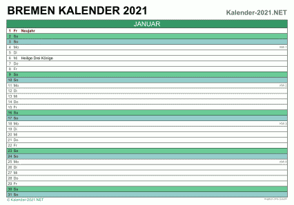 Vorschau Monatskalender 2021 für EXCEL Bremen