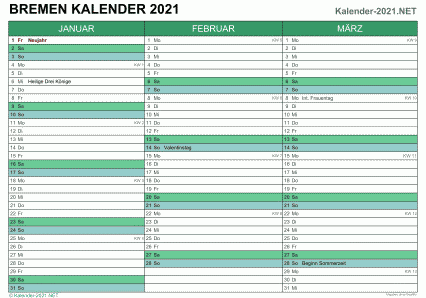 Vorschau Quartalskalender 2021 für EXCEL Bremen