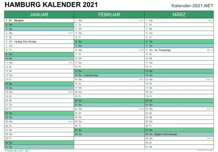 Vorschau Quartalskalender 2021 für EXCEL Hamburg