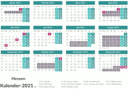 Ferien 2021 + Feiertage zum Ausdrucken - Hessen Vorschau