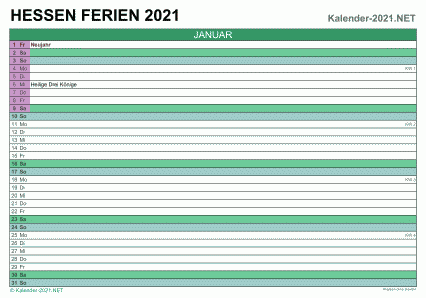 Vorschau EXCEL-Monatskalender 2021 mit den Ferien Hessen