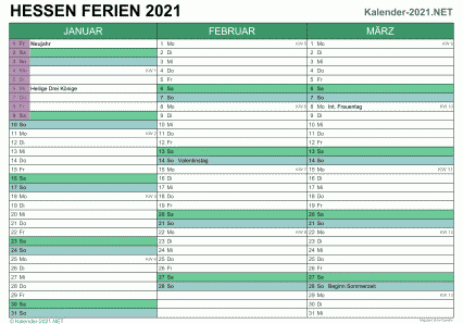 Vorschau EXCEL-Quartalskalender 2021 mit den Ferien Hessen