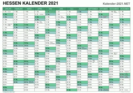 Vorschau Kalender 2021 für EXCEL mit Feiertagen Hessen