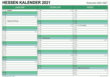 Vorschau Quartalskalender 2021 für EXCEL Hessen