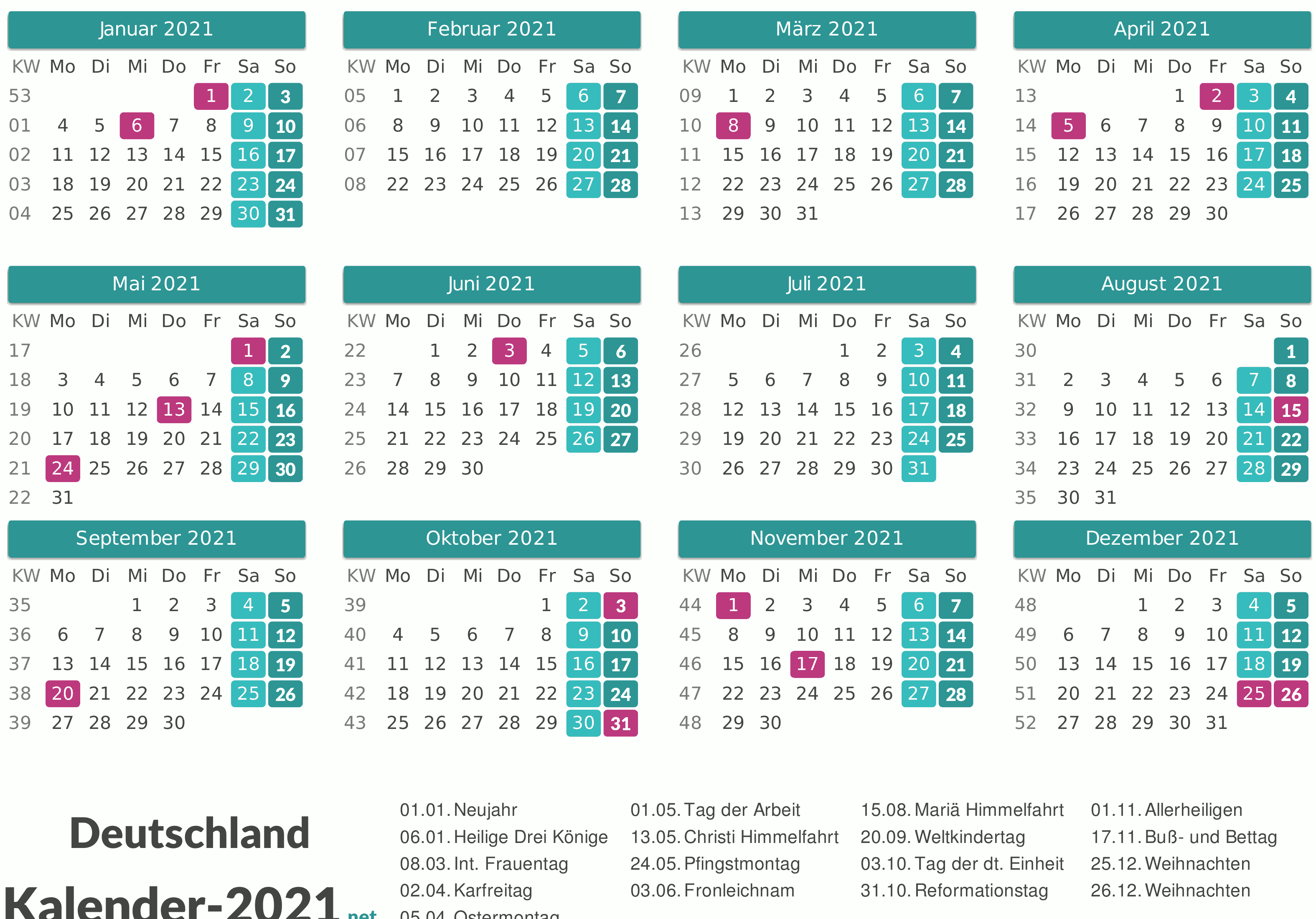 KALENDER 2021 mit Feiertagen & Ferien