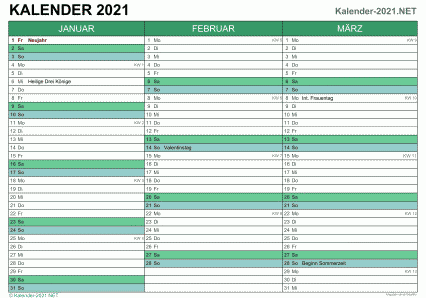 Vorschau Quartalskalender 2021 für EXCEL Deutschland