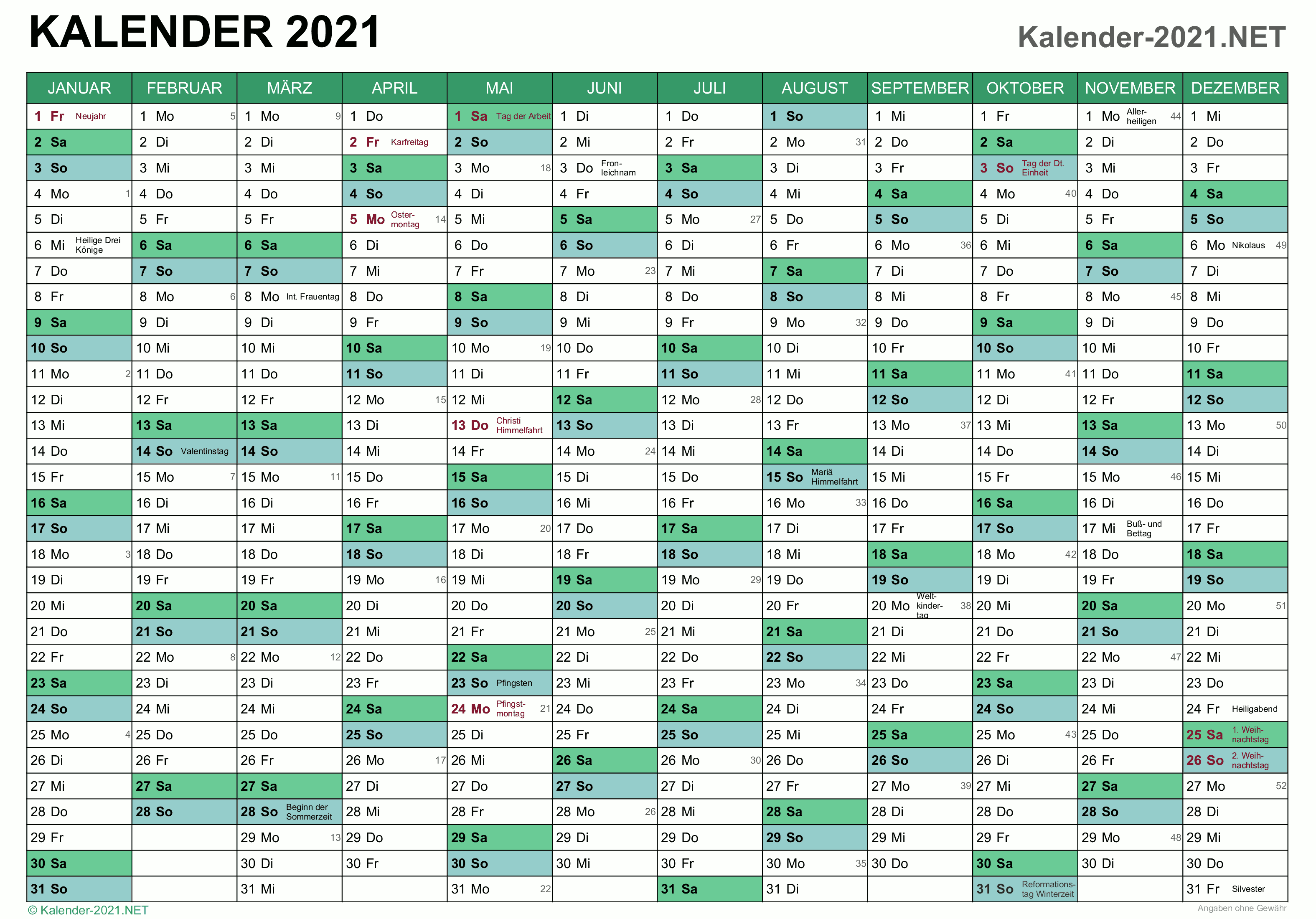 Kalender 2021 Mit Feiertagen Ferien
