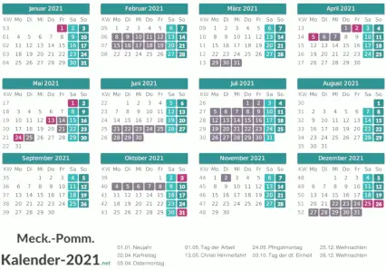 Ferien 2021 + Feiertage zum Ausdrucken - Meck-Pomm Vorschau