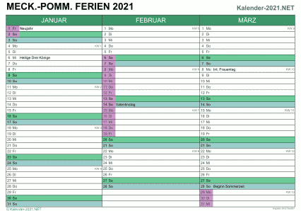 Vorschau EXCEL-Quartalskalender 2021 mit den Ferien Meck-Pomm