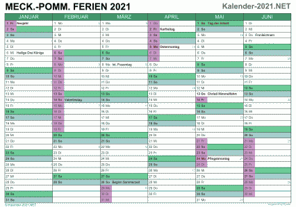 Vorschau EXCEL-Halbjahreskalender 2021 mit den Ferien Meck-Pomm