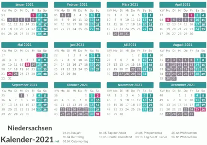 Ferien 2021 + Feiertage zum Ausdrucken - Niedersachsen Vorschau