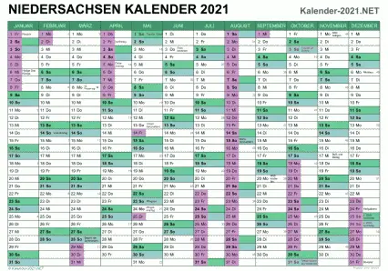 Vorschau EXCEL-Kalender 2021 mit den Ferien Niedersachsen