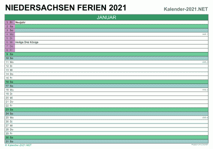 Vorschau EXCEL-Monatskalender 2021 mit den Ferien Niedersachsen