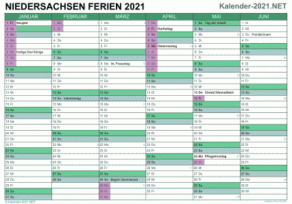 Vorschau EXCEL-Halbjahreskalender 2021 mit den Ferien Niedersachsen