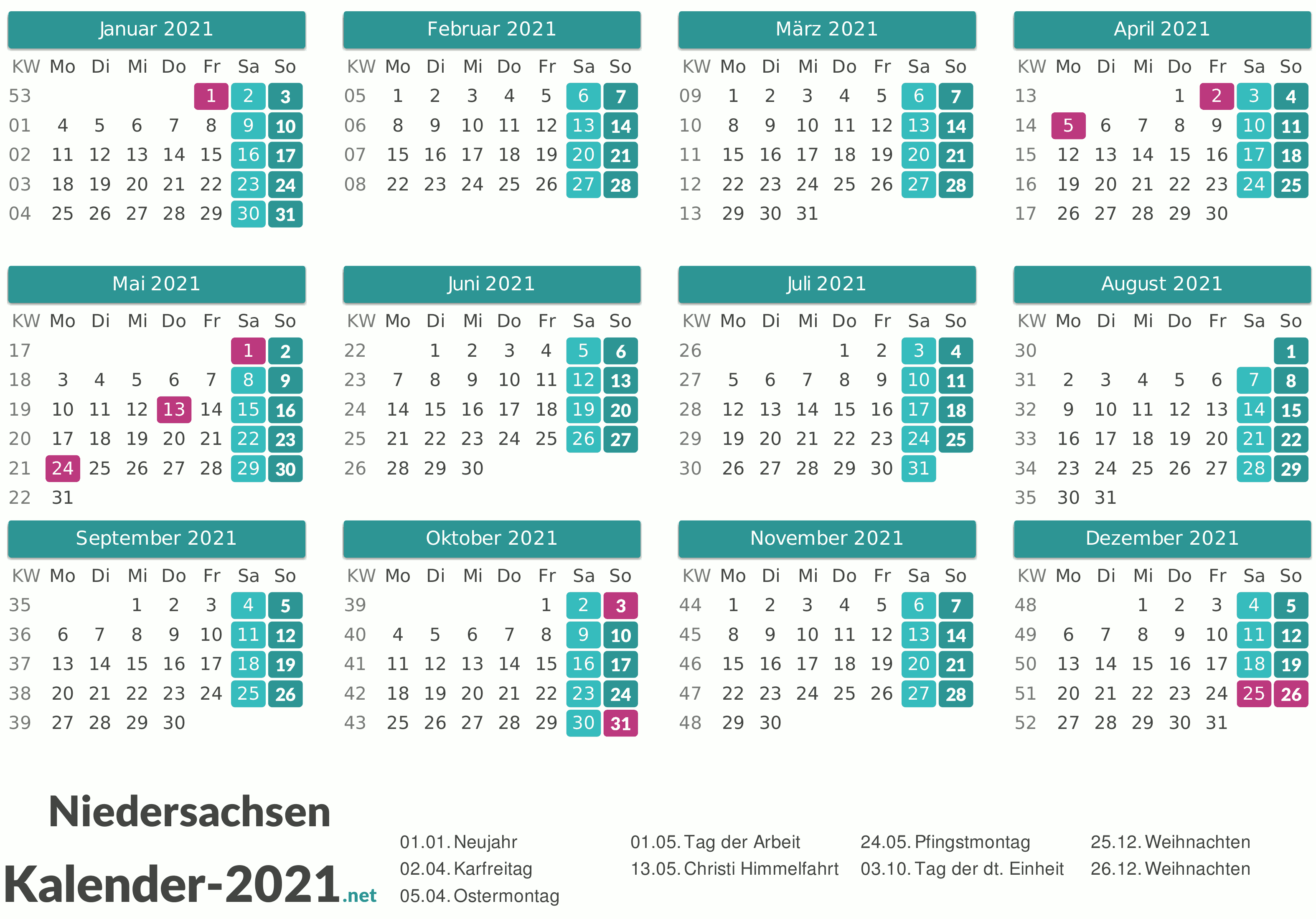 FEIERTAGE Niedersachsen 2021