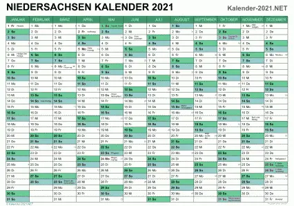 Vorschau Kalender 2021 für EXCEL mit Feiertagen Niedersachsen