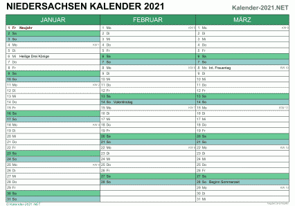 Vorschau Quartalskalender 2021 für EXCEL Niedersachsen