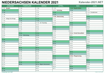 Vorschau Halbjahreskalender 2021 für EXCEL Niedersachsen