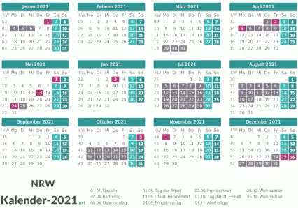 Ferien 2021 + Feiertage zum Ausdrucken - Nordrhein-Westfalen Vorschau
