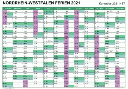 Vorschau EXCEL-Kalender 2021 mit den Ferien Nordrhein-Westfalen
