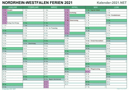 Vorschau EXCEL-Halbjahreskalender 2021 mit den Ferien Nordrhein-Westfalen