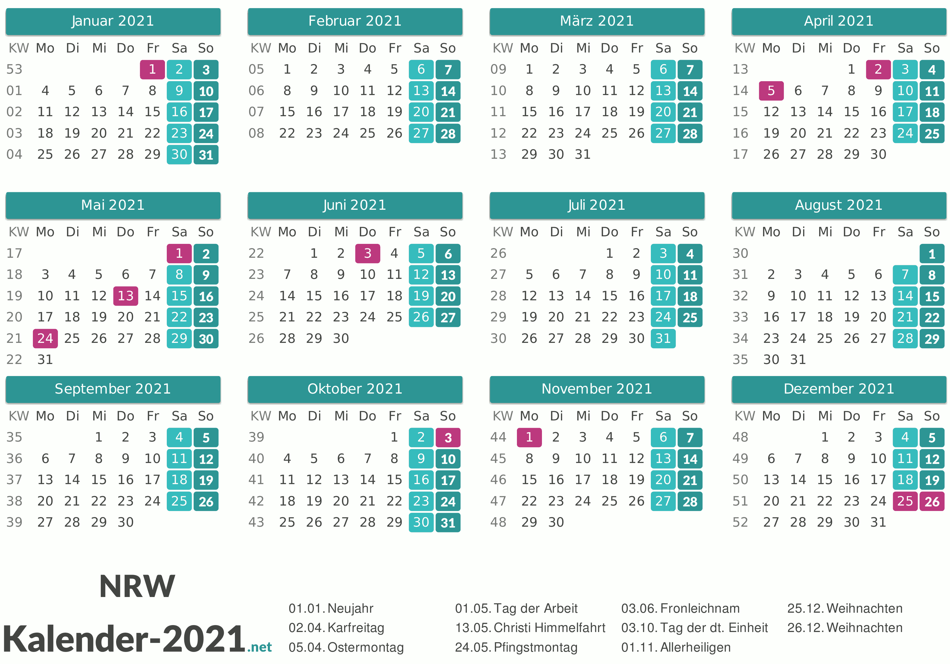 Kalender 2021 Nordrhein Westfalen