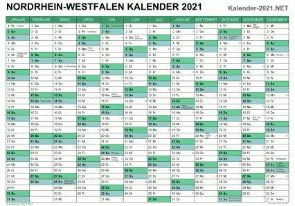 Vorschau Kalender 2021 für EXCEL mit Feiertagen Nordrhein-Westfalen