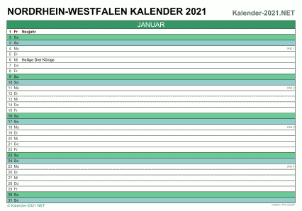 Vorschau Monatskalender 2021 für EXCEL Nordrhein-Westfalen