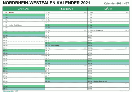 Vorschau Quartalskalender 2021 für EXCEL Nordrhein-Westfalen