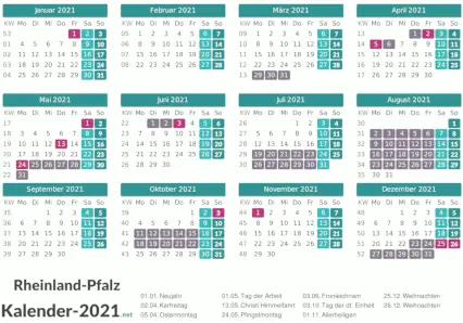 Ferien 2021 + Feiertage zum Ausdrucken - Rheinland-Pfalz Vorschau