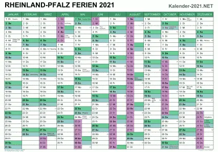 Vorschau EXCEL-Kalender 2021 mit den Ferien Rheinland-Pfalz