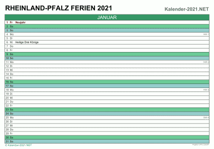 Vorschau EXCEL-Monatskalender 2021 mit den Ferien Rheinland-Pfalz