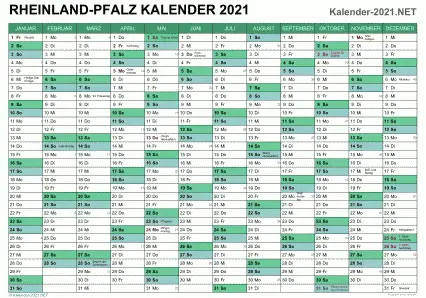 Vorschau Kalender 2021 für EXCEL mit Feiertagen Rheinland-Pfalz