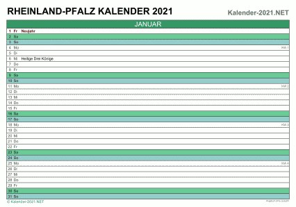 Vorschau Monatskalender 2021 für EXCEL Rheinland-Pfalz