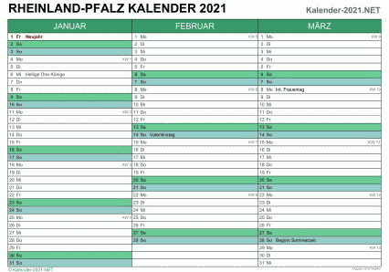 Vorschau Quartalskalender 2021 für EXCEL Rheinland-Pfalz